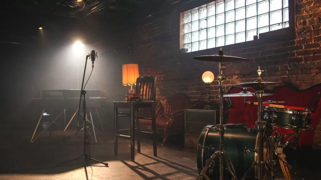 Music room with lights turned on
