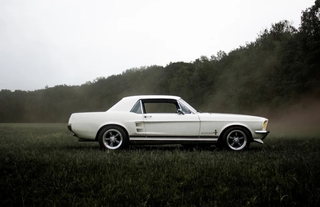 White coupe on green grass field during daytime